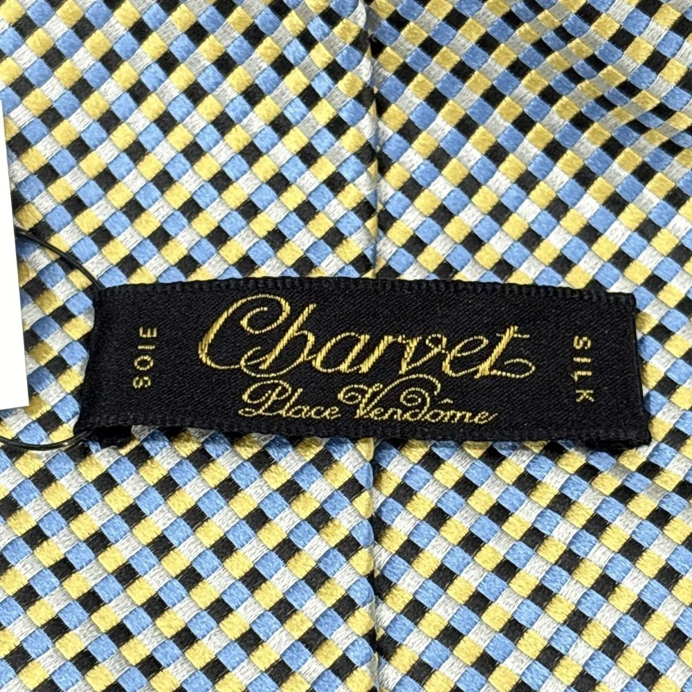 Charvet Place Vendome Silk Tie‎ Mens Blue Yellow Check Necktie France Luxury NEW